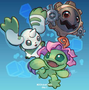 absurdres blue_background chibi cwdw digimon digimon_(creature) digimon_story:_cyber_sleuth full_body gears hagurumon highres palmon plant_monster simple_background terriermon