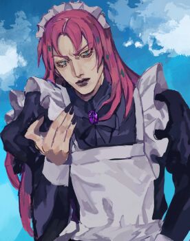 1boy absurdres alternate_costume apron arm_up black_bow black_dress black_nails bow cloud collared_dress crossdressing crossdressing_(mtf) diavolo dress ei_k20 enmaided frilled_apron frills gem green_eyes highres jojo_no_kimyou_na_bouken juliet_sleeves lipstick long_sleeves lower_eyelashes_only maid maid_apron maid_headdress makeup male_focus male_maid nail_polish parted_bangs puffy_sleeves purple_ears purple_gemstone red_hair sky sleeve_cuffs solo spotted_hair vento_aureo white_apron wing_collar