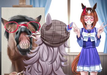2girls absurdres animal_ears beret blush bow bowtie breasts brown_hair canvas_(object) closed_eyes creature_and_personification double_v ear_covers ears_through_headwear easel glasses grey_hair grin hair_between_eyes hat highres holding holding_paint_palette holding_paintbrush horse_ears horse_girl horse_tail long_hair long_sleeves manjo_(warito) multicolored_hair multiple_girls open_mouth paint_palette paintbrush painting_(action) personification pleated_skirt purple_sailor_collar purple_serafuku purple_shirt purple_skirt red-framed_eyewear sailor_collar sailor_shirt school_uniform serafuku shirt short_hair single_ear_cover skirt smile streaked_hair tail teeth tracen_school_uniform transcend_(racehorse) transcend_(umamusume) umamusume v white_bow white_bowtie white_hair wonder_acute_(umamusume)