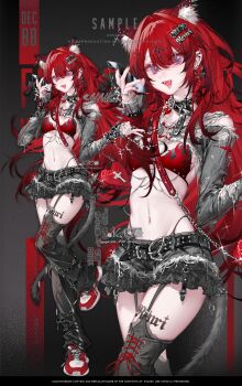 1girl absurdres animal_ears bag belt black_belt black_bra black_choker black_leg_warmers black_skirt bra breasts butterfly_earrings cat_ears cat_girl cat_tail chain chain_necklace choker cleavage commission cross denim denim_skirt earrings extra_ears fashion grey_shirt heart-shaped_bag highres jewelry leg_warmers long_hair looking_at_viewer mihuashi_commission navel_piercing necklace nnk_(nongnong) open_mouth original piercing purple_eyes red_bag red_hair red_shoes shirt shoes shoulder_bag skirt small_breasts solo_focus tail text_hair_ornament torn_clothes torn_shirt underwear very_long_hair y2k_fashion yabi_fashion zoom_layer