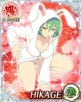 Rule 34 | 1girl, animal ears, animal hood, bikini, bikini under clothes, border, breasts, card (medium), character name, cleavage, fake animal ears, game cg, green hair, hikage (senran kagura), hood, hood up, hooded jacket, jacket, large breasts, looking at viewer, medium hair, official art, on one knee, rabbit ears, rabbit hood, senran kagura, senran kagura new wave, slit pupils, solo, swimsuit, third-party source, tongue, tongue out, yellow eyes