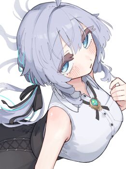 ahoge bare_shoulders black_ribbon black_shorts blue_eyes breast_pocket breasts chest_jewel collared_shirt cropped_hair drill_hair drill_sidelocks dutch_angle fluffy_hair from_above grey_hair hair_between_eyes hair_intakes hair_ribbon head_tilt high-waist_shorts highres looking_at_viewer loose_hair_strand medium_breasts messy_hair neck neck_ribbon oekakimuzui_vrc pocket portrait ramune_(vrchat) ribbon shirt shorts sidelocks sleeveless sleeveless_shirt thick_eyelashes twintails upper_body vrchat white_background white_shirt