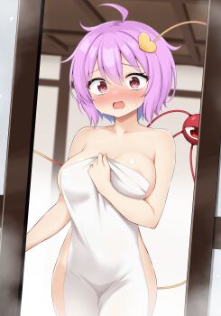 1girl absurdres ahoge areola_slip blush collarbone cowboy_shot hair_ornament heart heart_hair_ornament highres indoors komeiji_satori looking_at_viewer naked_towel open_mouth pink_hair purple_eyes short_hair solo steam suwa_yasai third-party_source touhou towel