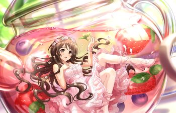 1girl aihara_yukino brown_eyes brown_hair dress flower_wreath food fruit game_cg high_heels idolmaster idolmaster_cinderella_girls idolmaster_cinderella_girls_starlight_stage liquid official_art pantyhose pink_dress solo strawberry submerged thick_eyebrows white_pantyhose