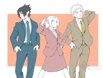 Rule 34 | 1girl, 2boys, blue jacket, blue necktie, blue pants, blue suit, chara no7, commentary request, facial mark, formal clothes, green jacket, green necktie, green pants, green suit, hand in pocket, hand on own hip, hands in pockets, haruno sakura, jacket, limited palette, medium skirt, multiple boys, naruto (series), naruto shippuuden, necktie, office lady, pants, pencil skirt, pink jacket, pink skirt, short hair, skirt, suit, twitter username, uchiha sasuke, uzumaki naruto, watermark, whisker markings