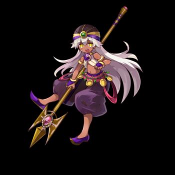 1girl black_background blush breasts dark-skinned_female dark_skin fingerless_gloves flat_chest full_body gloves hat highres holding holding_polearm holding_weapon long_hair merc_storia merc_storia_art_team navel official_art open_mouth polearm purple_gloves purple_shoes purple_shorts rizunia_(merc_storia) shoes shorts simple_background solo standing standing_on_one_leg tachi-e teeth turban upper_teeth_only very_long_hair weapon white_hair yellow_eyes