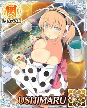 1girl ass border bowl breasts bright_pupils bucket card_(medium) character_name cleavage closed_mouth cow_print_kimono festival fish game_cg goldfish goldfish_scooping grey_eyes hair_ribbon headphones holding holding_bowl huge_breasts japanese_clothes looking_at_viewer low_neckline medium_hair night official_art orange_hair poi_(goldfish_scoop) ribbon senran_kagura senran_kagura_new_wave short_twintails smile solo squatting summer_festival third-party_source twintails ushimaru_(senran_kagura) white_pupils white_ribbon