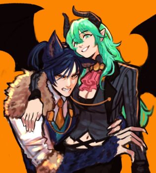 1boy 1girl alternate_costume animal_ears ascot black_hair black_horns black_wings breasts brown_eyes cleavage commentary cosplay demon_wings english_commentary fake_animal_ears fake_horns felix_hugo_fraldarius female_byleth_(awakened)_(fire_emblem) female_byleth_(fire_emblem) fire_emblem fire_emblem:_three_houses fire_emblem_heroes fur_trim green_eyes green_hair halloween halloween_costume highres horns long_hair male_byleth_(fire_emblem) male_byleth_(fire_emblem)_(cosplay) male_byleth_(halloween)_(fire_emblem) medium_breasts navel nintendo orange_background pink_ascot ponytail sethkiel simple_background wings wolf_ears