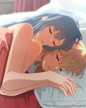2girls absurdres anisphia_wynn_palettia blonde_hair blue_hair closed_eyes commentary_request cuddling euphyllia_magenta highres holding_hands interlocked_fingers long_hair melonpan134 multiple_girls nude parted_lips pillow tensei_oujo_to_tensai_reijou_no_mahou_kakumei under_covers yuri