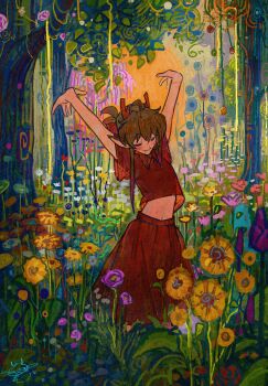 1girl arms_up brown_hair closed_eyes closed_mouth commentary_request dragon_horns flower ge_dazuo highres horns midriff nature original outdoors red_shirt red_skirt shirt short_sleeves skirt smile solo standing stretching tree
