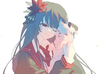 1girl :3 animal animalization black_hair chinese_commentary closed_eyes closed_mouth commentary_request commission dog flower gloves hair_flower hair_ornament highres holding holding_animal holding_dog long_hair long_sleeves mahou_shoujo_no_majo_saiban nikaido_hiro one_eye_closed red_eyes red_flower sakuraba_ema second-party_source simple_background smile solo upper_body white_background white_dog white_gloves zheng_jieluxi