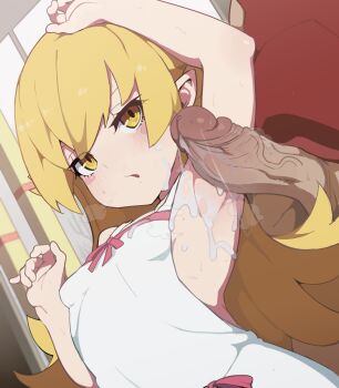 1boy 1girl arm_up armpit_sex armpits blonde_hair blush breasts clothed_sex cum cum_on_armpit cum_on_body dress erection highres kakure_eria loli long_hair looking_at_penis monogatari_(series) nipples oshino_shinobu penis pointy_ears small_breasts sundress uncensored white_dress yellow_eyes