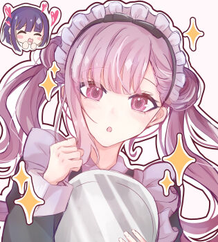 1boy 1girl :o absurdres apron black_dress blush_stickers chibi chibi_inset chinese_commentary commentary_request double_bun dress drooling ear_piercing frills hair_bun head_only highres holding holding_tray leisuyinaotuchu386 long_hair looking_at_viewer loving_aura maid maid_apron maid_headdress medium_hair mouth_drool outline piercing pink_eyes pink_hair purple_hair simple_background sparkle the_hundred_line_-last_defense_academy- tray tsukumo_ima tsukumo_kako twintails upper_body white_apron white_background