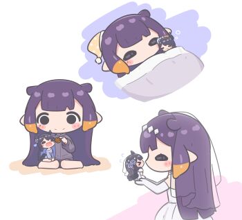 >_< 2girls :3 ^_^ absurdres asymmetrical_horns black_hair blanket blue_hair blush_stickers bridal_veil closed_eyes commentary cookie dress drooling english_commentary feeding food hat highres hololive hololive_english horns imminent_kiss long_hair mini_person minigirl mole mole_under_eye mpien multicolored_hair multiple_girls nerissa_ravencroft nightcap ninomae_ina'nis open_mouth orange_hair pointy_ears purple_hair sitting sleeping smile tentacle_hair two-tone_hair veil virtual_youtuber wariza wedding_dress yuri