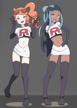 2girls :d absurdres aqua_hair araki_megami black_boots black_gloves black_hair boots commentary_request commission cosplay cropped_jacket dark-skinned_female dark_skin double_w earrings elbow_gloves eyelashes eyeshadow eyewear_on_head gloves green_eyes hair_bun hand_on_own_hip hand_up hands_up happy highres hoop_earrings jacket jessie_(pokemon) jessie_(pokemon)_(cosplay) jewelry logo long_hair makeup multicolored_hair multiple_girls nessa_(pokemon) nintendo open_mouth orange_hair pixiv_commission pokemon pokemon_(anime) pokemon_swsh side_ponytail sidelocks single_sidelock skirt smile sonia_(pokemon) standing standing_on_one_leg stomach sunglasses team_rocket team_rocket_uniform thigh_boots tongue two-tone_hair w white_jacket white_skirt