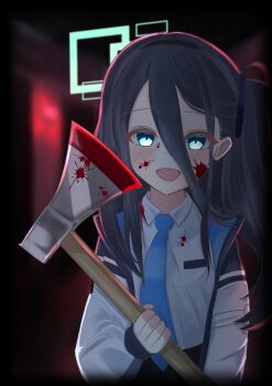 1girl :d absurdres aqua_halo aris_(blue_archive) axe backlighting black_hair black_hairband blood blood_on_face bloody_weapon blue_archive blue_eyes blue_necktie blurry blurry_background blush collared_shirt commentary double-parted_bangs hair_between_eyes hairband halo highres holding holding_axe indoors jacket long_hair long_hair_between_eyes long_sleeves looking_at_viewer necktie one_side_up open_clothes open_jacket open_mouth rectangular_halo school_uniform shirt sidelocks smile solo upper_body weapon white_jacket white_shirt woodhxx