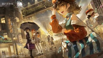 Rule 34 | :d, absurdres, adjusting eyewear, apple, apple (reverse:1999), aqua dress, bag, bare shoulders, billboard, black bow, black bowtie, black cat, black footwear, black hair, black pants, black umbrella, bow, bowtie, brown hair, building, cat, city, confetti, copyright name, copyright notice, covering own mouth, dino (dinoartforame), dress, dutch angle, eyewear on head, food, fruit, grey footwear, grey hair, hand over own mouth, hand up, highres, holding, holding bag, holding umbrella, jacket, logo, looking to the side, neon lights, night, off shoulder, official art, open mouth, orange eyes, orange hair, orange headwear, orange jacket, pants, people, regulus (reverse:1999), reverse:1999, short hair, shoulder bag, sky, sleeveless, sleeveless dress, smile, solo focus, sonetto (reverse:1999), sunglasses, teeth, traditional bowtie, umbrella, upper teeth only, vertin (reverse:1999), white dress, white pants