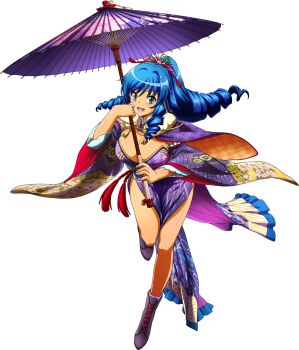 Rule 34 | 1girl, blue eyes, blue hair, blue nails, breasts, cleavage, detached sleeves, drill hair, drill ponytail, drill sidelocks, floral print, full body, high ponytail, highres, holding, holding umbrella, huge breasts, japanese clothes, long hair, looking at viewer, mole, mole under eye, nail polish, non-web source, official art, open mouth, photoshop (medium), ponytail, sidelocks, simple background, solo, umbrella, umi monogatari, warin, white background, wide sleeves
