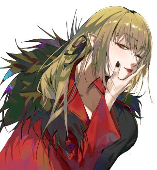 1girl black_nails black_ribbon blonde_hair feather-trimmed_jacket hair_ribbon highres jacket kiss-shot_acerola-orion_heart-under-blade kizumonogatari long_hair looking_at_viewer monogatari_(series) oshino_shinobu pointy_ears red_jacket red_lips ribbon simple_background solo tabulagami vampire very_long_hair yellow_eyes