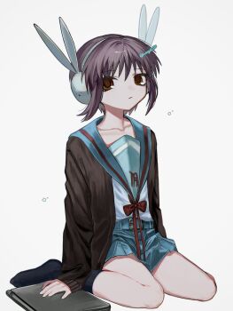 1girl black_socks blue_sailor_collar brown_cardigan brown_eyes bunny_headphones cardigan closed_mouth collarbone commentary_request expressionless headphones highres kita_high_school_uniform kneehighs kusogaki115 long_sleeves nagato_yuki open_cardigan open_clothes purple_hair red_ribbon ribbon sailor_collar school_uniform serafuku short_hair simple_background socks solo suzumiya_haruhi_no_yuuutsu thighs white_background winter_uniform