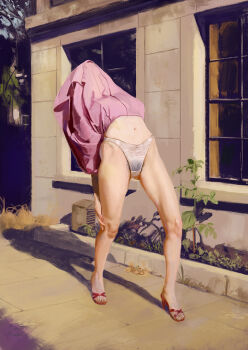 1girl amibazh building clothes_lift dress dress_lift evening female_pubic_hair high_heels navel original outdoors panties pink_dress plant pubic_hair pubic_hair_peek realistic solo standing underwear white_panties window