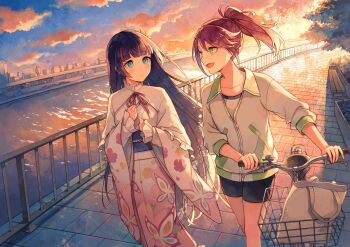 2girls absurdres artist_request bag bicycle black_hair black_shorts blue_eyes brown_hair cityscape cloud commentary_request evening floral_print floral_print_kimono goto_akira green_eyes highres ikizulive!_love_live!_bluebird jacket japanese_clothes kimono komagata_hanabi light_blush long_hair looking_at_another love_live! multiple_girls official_art open_mouth orange_sky outdoors pink_kimono ponytail print_kimono purple_sky shorts sky smile water white_jacket