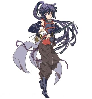 Rule 34 | 10s, 1girl, akatsuki (log horizon), blue eyes, blue hair, breasts, brown pants, detached sleeves, female focus, floating hair, full body, hara kazuhiro, high ponytail, holding, holding sword, holding weapon, log horizon, long hair, looking at viewer, official art, pants, ponytail, simple background, small breasts, solo, standing, sword, very long hair, weapon, white background
