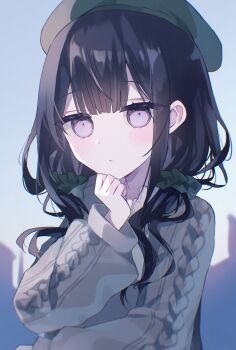 1girl beret black_hair book_off cardigan closed_mouth commentary_request green_hat green_scrunchie grey_cardigan grey_eyes hair_ornament hair_scrunchie haruno_ichigo hat highres kurobe_nanoka long_hair long_sleeves looking_at_viewer low_twintails mahou_shoujo_no_majo_saiban official_alternate_costume official_alternate_hairstyle scrunchie solo twintails upper_body