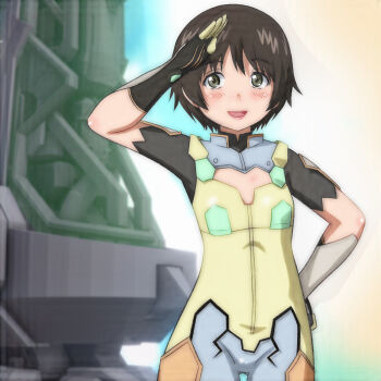 1girl black_gloves blush bodysuit breasts brown_hair cloud gloves green_eyes hand_on_own_hip highres kaminagi_ryouko looking_at_viewer open_mouth salute short_hair short_sleeves sky small_breasts smile standing t_jiroo_(ringofriend) tower yellow_bodysuit zegapain