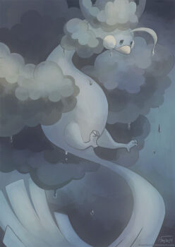 altaria animal animal_focus blue_feathers cloud cloud_hair commentary dark_cloud english_commentary feathers fluffy flying from_side full_body gen_3_pokemon gloom_(expression) half-closed_eyes haychel highres looking_down mega_altaria mega_evolution mega_pokemon muted_color nintendo no_humans plume pokemon pokemon_(creature) rain sad signature solo water_drop wet wet_hair