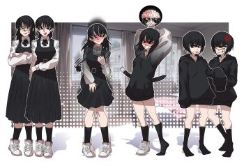 2girls anger_vein black_eyes black_hair black_hoodie black_socks blush chainsaw_man character_transformation clare_(erasethismail) clenched_teeth commentary cross_scar dress english_commentary erasethismail facial_scar fourth_east_high_school_uniform frown highres hood hoodie kneehighs long_sleeves medium_dress mitaka_asa multiple_girls open_mouth orange_eyes original photo_background pinafore_dress pleated_dress scar scar_on_cheek scar_on_face scar_on_nose school_uniform sequential shoes sleeveless sleeveless_dress sleeves_past_fingers sleeves_past_wrists sneakers socks teeth tongue tongue_out transformation wavy_mouth yoru_(chainsaw_man)