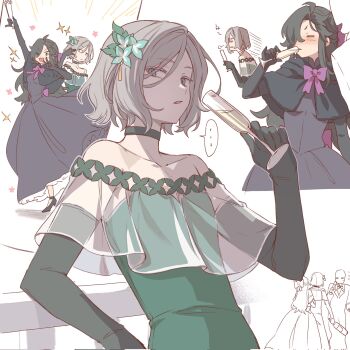 ... 0kara96 2boys alcohol bare_shoulders black_capelet black_choker black_dress black_gloves black_hair blush bottle bow bowtie capelet champagne champagne_flute choker closed_eyes collarbone crossdressing cup dancing dress drinking drinking_glass elbow_gloves flower formal_clothes gloves green_dress grey_eyes grey_hair hair_between_eyes hair_flower hair_ornament hair_over_one_eye half_updo hand_up high_heels highres holding holding_bottle holding_cup leaning_back long_hair looking_at_viewer male_focus multiple_boys multiple_views natsuki_subaru off-shoulder_dress off_shoulder otto_suewen parted_lips purple_bow purple_bowtie purple_capelet railing re:zero_kara_hajimeru_isekai_seikatsu see-through_clothes short_hair sparkle speech_bubble spoken_ellipsis trap upper_body white_background