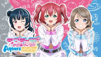 belt blue_eyes blue_hair blush brown_hair crop_top green_eyes grey_hair group_pose hair_bun hair_ornament hands_up head_tilt jacket kurosawa_ruby logo love_live! love_live!_sunshine!! midriff midriff_peek multicolored_hair multiple_girls official_alternate_costume official_alternate_hairstyle official_art one_eye_closed open_clothes open_jacket open_mouth own_hands_together pink_hair promotional_art purple_eyes red_hair short_twintails skirt smile stomach streaked_hair teeth tsushima_yoshiko twintails upper_teeth_only watanabe_you wavy_hair white_jacket yyy_(love_live!)