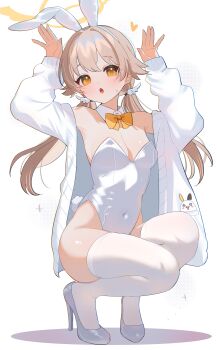 1girl :o absurdres animal_ear_hairband animal_ears arms_up bird blue_archive bow bowtie breasts brown_hair cleavage commentary detached_collar fake_animal_ears full_body hairband halo hifumi_(blue_archive) high_heels highleg highleg_leotard highres jacket java_sparrow leotard long_hair long_sleeves looking_at_viewer low_twintails medium_breasts open_clothes open_jacket open_mouth orange_bow orange_bowtie orange_eyes peroro_(blue_archive) playboy_bunny rabbit_ear_hairband rabbit_ears rabbit_pose rabbit_tail shoes shusuchii simple_background solo squatting strapless strapless_leotard symbol-only_commentary tail thighhighs twintails white_background white_java_sparrow white_leotard white_shoes white_thighhighs yellow_halo