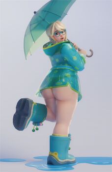 1girl 3d absurdres ass blonde_hair blue-framed_eyewear boots braid brown_eyes cloudy_day_mei commentary english_commentary from_behind fugtrup glasses grey_background highres holding holding_umbrella huge_ass looking_back mei_(overwatch) official_alternate_costume official_alternate_hair_color official_alternate_hairstyle open_mouth overwatch protected_link raincoat see-through_clothes see-through_raincoat simple_background thick_thighs thighs twin_braids umbrella water