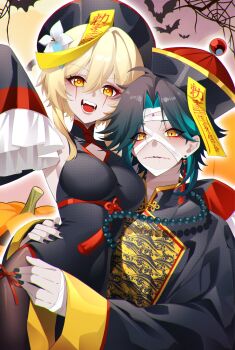1boy 1girl aqua_hair black_dress black_nails black_shirt blonde_hair blush breasts brown_pantyhose china_dress chinese_clothes dress earrings facial_mark fangs flower genshin_impact hair_flower hair_ornament halloween halloween_costume hat highres jewelry jiangshi jiangshi_costume jk_4140 long_hair lumine_(genshin_impact) medium_breasts multicolored_hair ofuda ofuda_on_head ofuda_on_nipples open_mouth outstretched_arms pantyhose pasties qingdai_guanmao shirt tassel tassel_earrings teeth xiao_(genshin_impact) yellow_eyes zombie_pose