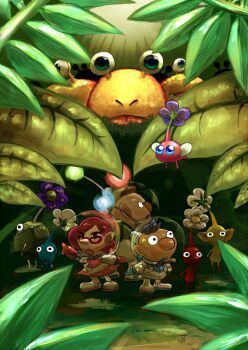 Rule 34 | 1girl, 2boys, :o, alph (pikmin), backpack, bag, big nose, black eyes, black skin, blue bag, blue eyes, blue gloves, blue hair, blue light, blue pikmin, blue skin, brittany (pikmin), brown hair, bulborb, buttons, charlie (pikmin), colored skin, dark-skinned male, dark skin, everyone, eyelashes, facial hair, flower, flying, freckles, from behind, from side, gauge, gloves, green bag, green light, helmet, insect wings, mini person, miniboy, minigirl, miniskirt, mohawk, multiple boys, mustache, nintendo, no mouth, nostrils, open mouth, outdoors, pikmin (creature), pikmin (series), pikmin 3, pink bag, pink gloves, pink hair, pink skirt, pointing, pointing forward, pointy ears, pointy nose, purple skin, radio antenna, red light, red pikmin, red skin, rock, rock pikmin, short hair, skirt, solid circle eyes, solid eyes, space helmet, spacesuit, triangle mouth, v-shaped eyes, very short hair, whistle, white flower, winged pikmin, wings, yamato koara, yellow pikmin, yellow skin