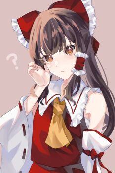 Rule 34 | 1girl, ?, ascot, bow, brown eyes, brown hair, carin (c arin1012), commentary request, detached sleeves, frilled bow, frilled hair tubes, frills, hair bow, hair tubes, hakurei reimu, highres, long hair, looking at viewer, red bow, red skirt, ribbon-trimmed sleeves, ribbon trim, skirt, skirt set, solo, touhou, yellow ascot