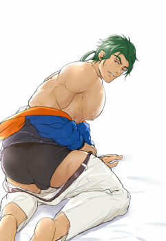 1boy ass bara bare_pectorals bare_shoulders black_male_underwear briefs bulge chachi_(soulga) clothes_pull from_behind green_hair joe_(sk8) kneeling large_pectorals long_hair looking_at_viewer male_focus male_underwear muscular muscular_male nipples off_shoulder pants pants_pull pectorals sk8_the_infinity solo thighs underwear undressing white_pants