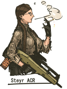 Rule 34 | 1girl, advanced combat rifle (military program), advanced individual weapon system (military program), advanced infantry weapon system (military program), ammunition pouch, assault rifle, belt, belt pouch, birdcage flash hider, black gloves, braid, breasts, brown hair, bullpup, burst fire gun, burst fire rifle, cigarette, double-stack magazine, double-stack single-feed magazine, female focus, glasses, glasses girl (nameo), gloves, gradient background, gun, hair over shoulder, holding, holding gun, holding weapon, large breasts, lightning holes, long gun, long hair, long sleeves, looking at viewer, magazine (weapon), military, military program, muzzle device, nameo (judgemasterkou), necktie, needlegun, original, parted bangs, poorly drawn, pouch, prototype, prototype design, rifle, scope, semi-rimless eyewear, shirt, sight (weapon), simple background, single-feed magazine, smoke, smoking, solo, standing, steyr acr, steyr arms, suspenders, telescopic sight, trigger discipline, twin braids, under-rim eyewear, utility belt, weapon, white background