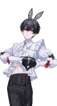 Rule 34 | 1boy, :/, alternate costume, animal ear hairband, animal ears, belt, black bow, black gloves, black hair, black pants, blush, bow, bowtie, brooch, buttons, center-flap bangs, chest harness, cowboy shot, cuff links, double-breasted, ear piercing, earrings, fake animal ears, frilled shirt, frilled shirt collar, frilled sleeves, frills, gem, gloves, hairband, harness, heart, heart hands, high-low shirt, high-waist pants, highres, jewelry, juliet sleeves, lace ears, long sleeves, looking at viewer, male focus, maoupiisuke, midriff, nijisanji, pants, piercing, puffy sleeves, purple gem, rabbit ears, rabbit o-ring, red bow, red eyes, shirt, short hair, signature, simple background, sleeve bow, solo, standing, thigh belt, thigh strap, thumbs down, thumbs down heart hands, twitter username, v-shaped eyebrows, virtual youtuber, white background, white bow, white bowtie, white shirt, yumeoi kakeru