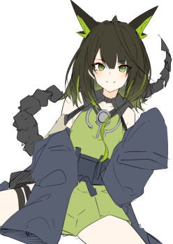 1girl arknights bare_shoulders black_hair black_jacket blush closed_mouth colored_inner_hair commentary_request dress flat_color green_dress green_eyes green_hair hair_between_eyes hand_up jacket looking_at_viewer medium_hair mon3tr_(arknights) multicolored_hair off_shoulder simple_background sketch sleeveless sleeveless_dress smile solo split_mouth white_background z_(knkr1025)