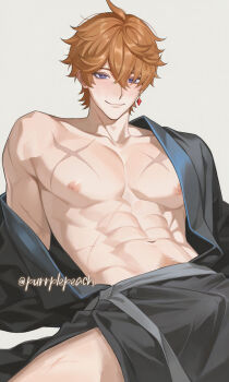 Rule 34 | 1boy, abs, artist name, black shirt, blue eyes, closed mouth, commentary, earrings, genshin impact, hair between eyes, highres, jewelry, male focus, muscular, muscular male, navel, nipples, open clothes, open shirt, orange hair, purrplepeach, scar, scar on chest, shirt, short hair, single earring, smile, solo, stomach, symbol-only commentary, tartaglia (genshin impact), topless male, twitter username