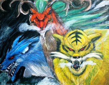 antlers blue_fur chimera chimera_(grimms_notes) deer fangs grimms_notes highres horns looking_at_viewer monster monster_focus no_humans open_mouth red_eyes red_fur syatuki0013 tiger upper_body wolf yellow_fur