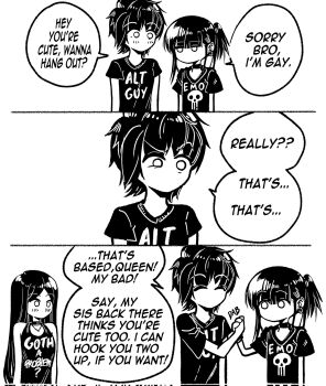 Rule 34 | 1boy, 2girls, 3koma, alt-guy (grs-), bare shoulders, bracelet, choker, clothes writing, comic, commentary, corrupted twitter file, earrings, emo-girl (grs-), emo fashion, english commentary, english text, goth-girl (grs-), goth fashion, greyscale, grs-, highres, jewelry, long hair, medium hair, monochrome, multiple girls, necklace, no mouth, original, ponytail, print shirt, raised eyebrows, shirt, short ponytail, short sleeves, side ponytail, simple background, speech bubble, spiked bracelet, spikes, sweatdrop, t-shirt, white background, yuri