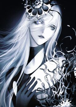 1girl absurdres black_gloves bodysuit breasts cleavage collarbone coral dark_background expressionless gloves hair_ornament hand_on_own_chest head_tilt heterochromia highres long_hair looking_to_the_side monochrome parted_lips path_to_nowhere pylgia_(path_to_nowhere) solo spot_color straight_hair torn_bodysuit torn_clothes yu_zhezhe