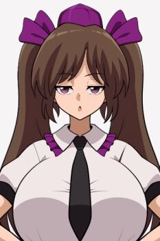 1girl animated animated_gif blush bouncing_breasts breasts brown_hair clothes_lift himekaidou_hatate huge_breasts large_breasts lifting_own_clothes long_hair looking_at_viewer nipples no_bra open_mouth purple_eyes shiguma_(signalmass) shirt_lift solo source_request touhou twintails