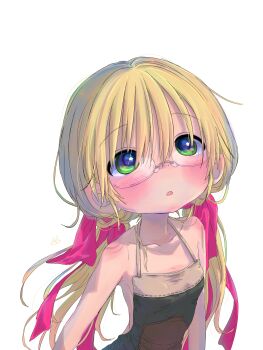 1girl absurdres apron arms_at_sides bare_arms blonde_hair blush breasts collarbone commentary_request glasses green_apron green_eyes hair_between_eyes hair_ribbon highres long_hair looking_up low_twintails made_in_abyss open_mouth pink_ribbon ribbon riko_(made_in_abyss) rimless_eyewear sekaineko_001 simple_background small_breasts solo twintails upper_body white_background