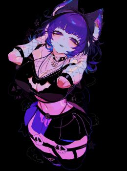 1girl animal_ear_fluff animal_ears bat_cutout black_background black_choker black_shirt black_skirt black_thighhighs blush breasts cat_ears cat_girl character_request choker cleavage cleavage_cutout closed_mouth clothing_cutout commentary commission cropped_legs curvy english_commentary face_piercing fishnet_bra fishnet_sleeves fishnets hands_in_own_hair heart heart_choker highres indie_virtual_youtuber labret_piercing large_breasts looking_at_viewer midriff miniskirt navel panty_straps piercing purple_eyes purple_hair shirt short_hair skirt smile solo spiked_choker spikes thighhighs usa37107692 virtual_youtuber