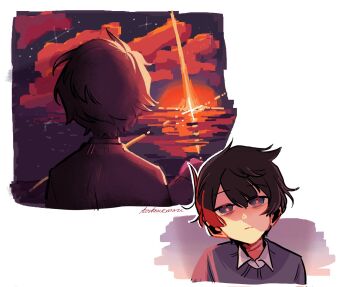 Rule 34 | 1boy, akinashi haru, alternate costume, black hair, blue eyes, blue sweater, cloud, collared shirt, commentary, english commentary, horizon, looking at viewer, male focus, multiple views, ocean, reflection, saihate eki, shirt, short hair, signature, sky, star (sky), starry sky, sunset, sweater, tosteurmori, white shirt